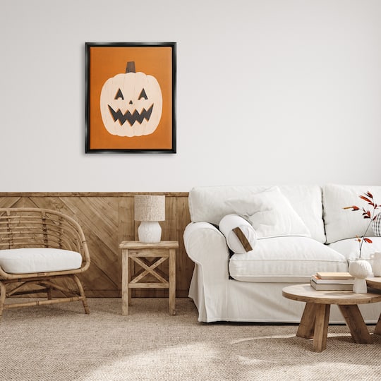 Stupell Industries Happy Jack-o-Lantern Halloween Pumpkin Framed Floater Canvas Wall Art